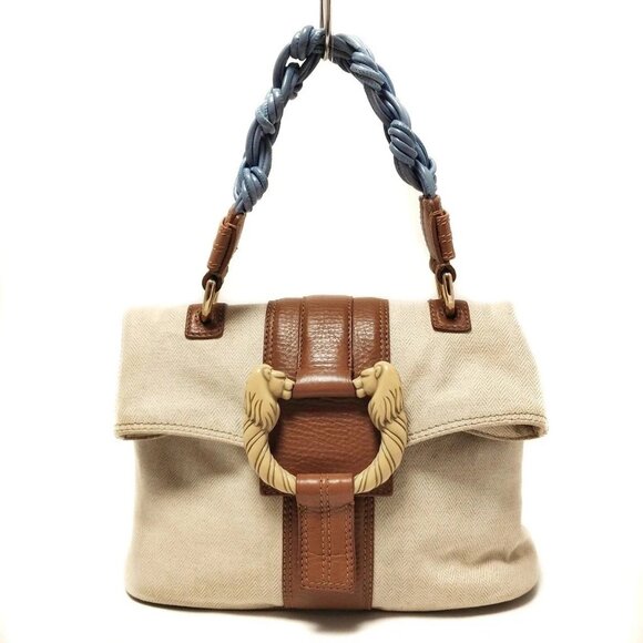 Auth BVLGARI Leoni Cream Brown Light Blue Canvas Leather Handbag - Picture 1 of 9